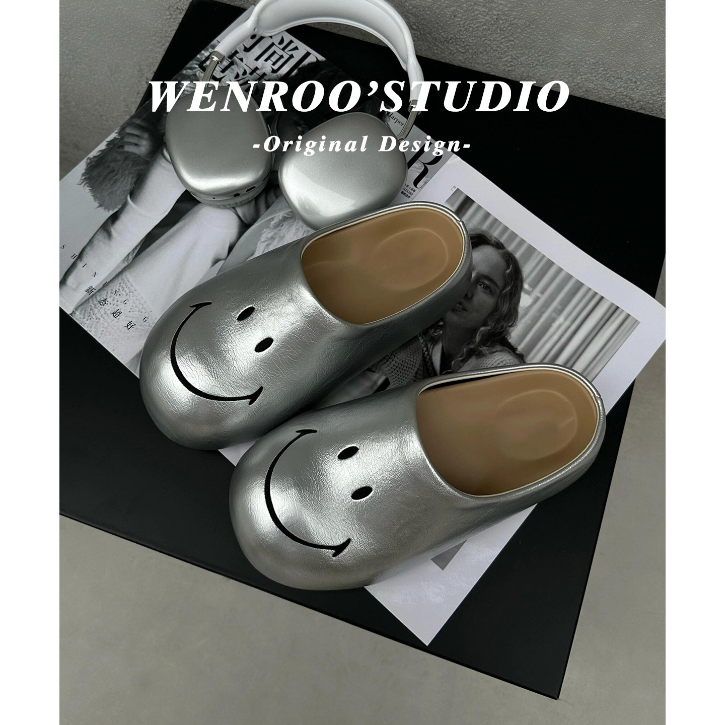 小众银色笑脸厚底包头半拖鞋女外穿2026春季新款复古一脚蹬勃肯鞋