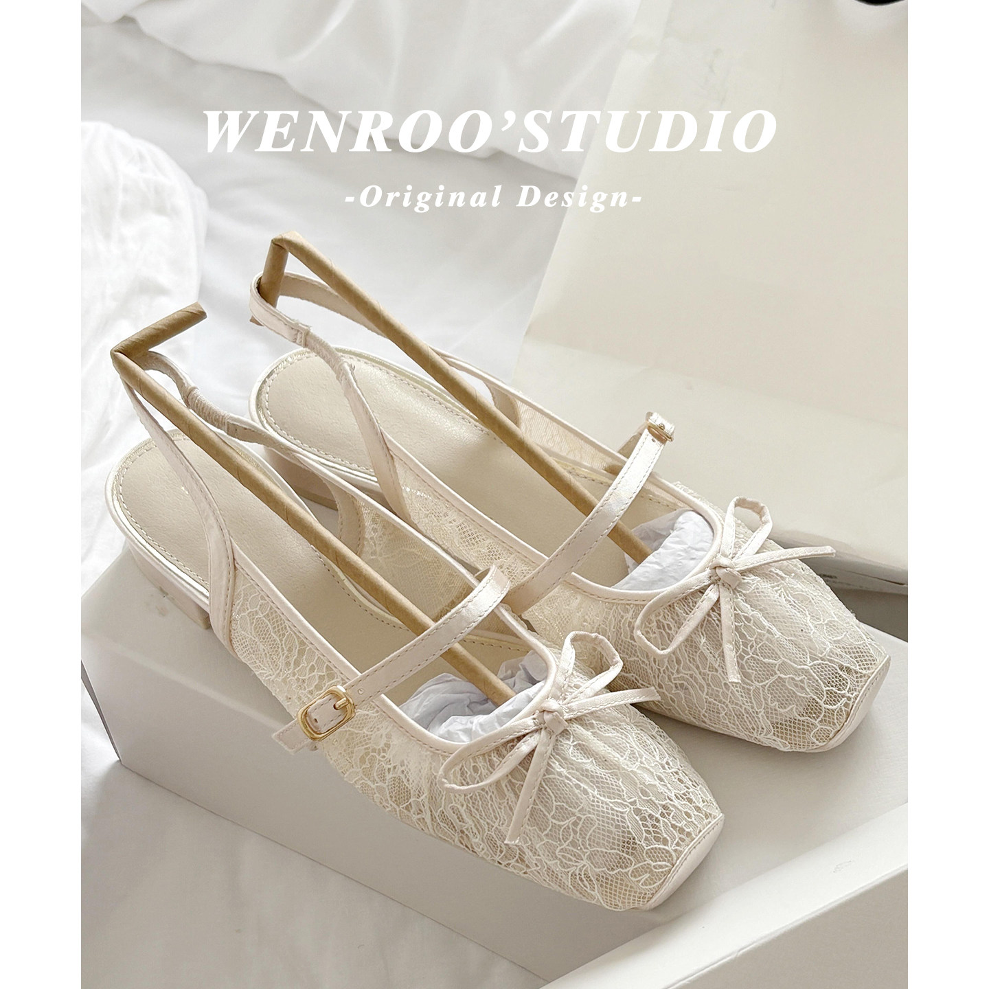 仙女风蕾丝刺绣网纱包头粗跟凉鞋女夏外穿2026新款白色绝美高跟鞋