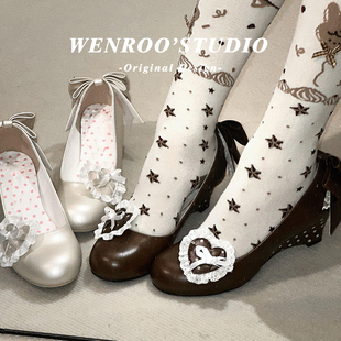 可拆卸爱心蕾丝波点坡跟高跟鞋女春2026新款优雅蝴蝶结lolita单鞋