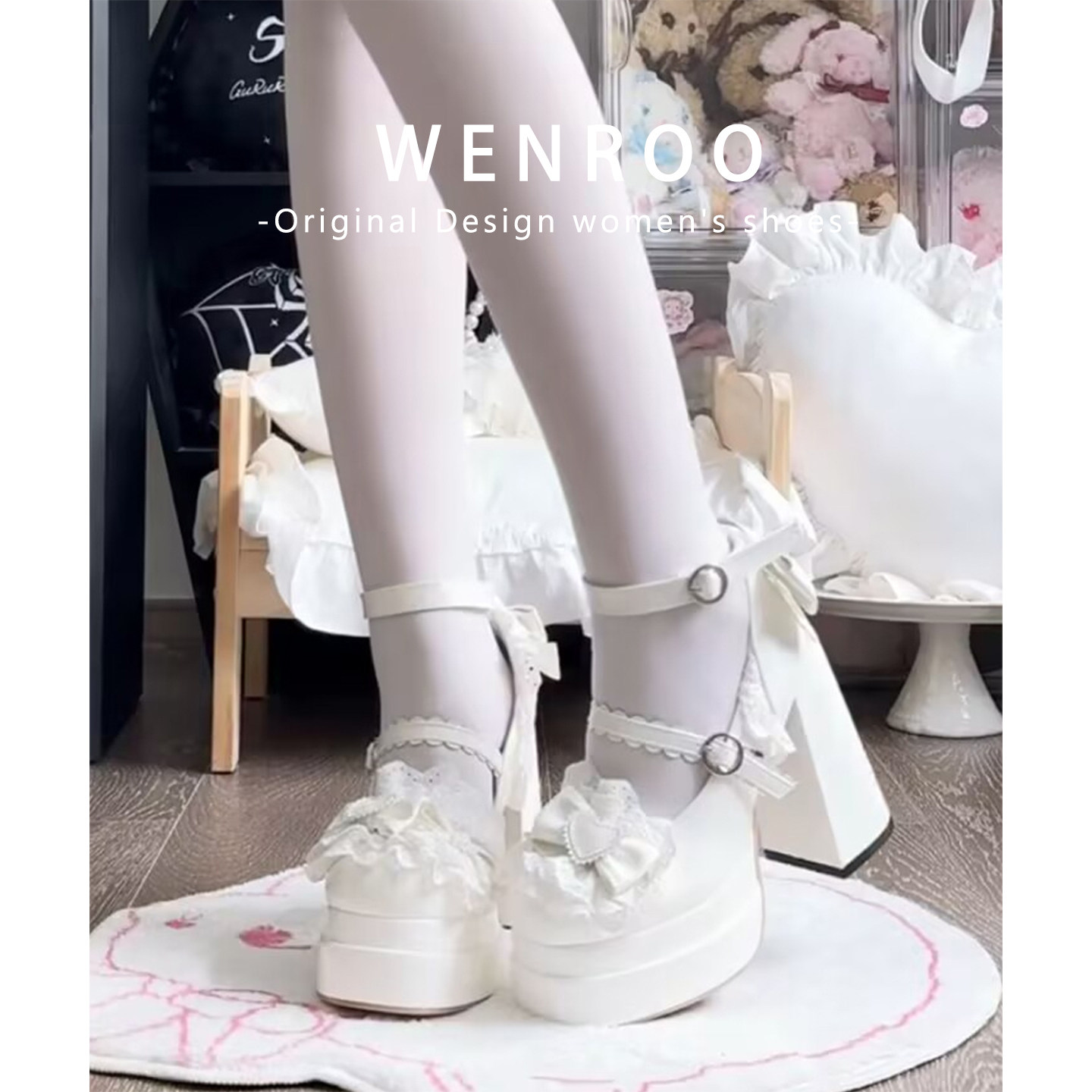 Lolita蝴蝶结一字带防水台高跟鞋女2025秋季新款白色粗跟玛丽珍鞋
