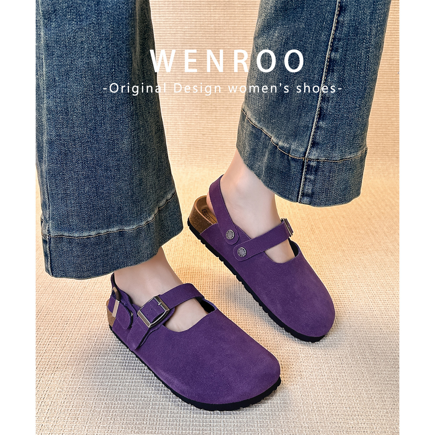 牛皮版！紫色复古真皮后绊带两穿包头半拖鞋女夏季外穿厚底勃肯鞋