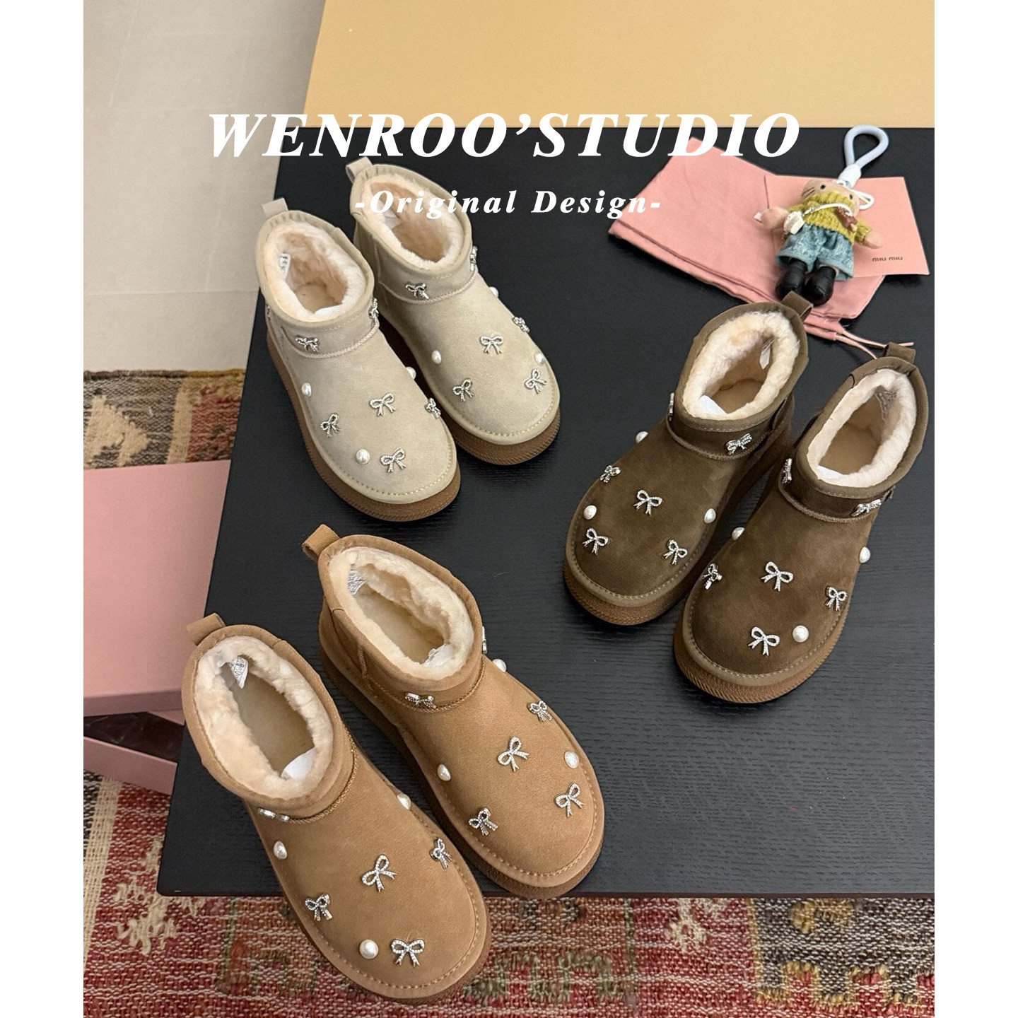 复古水钻蝴蝶结厚底保暖加绒短靴女冬2025新款棕色真皮毛毛雪地靴