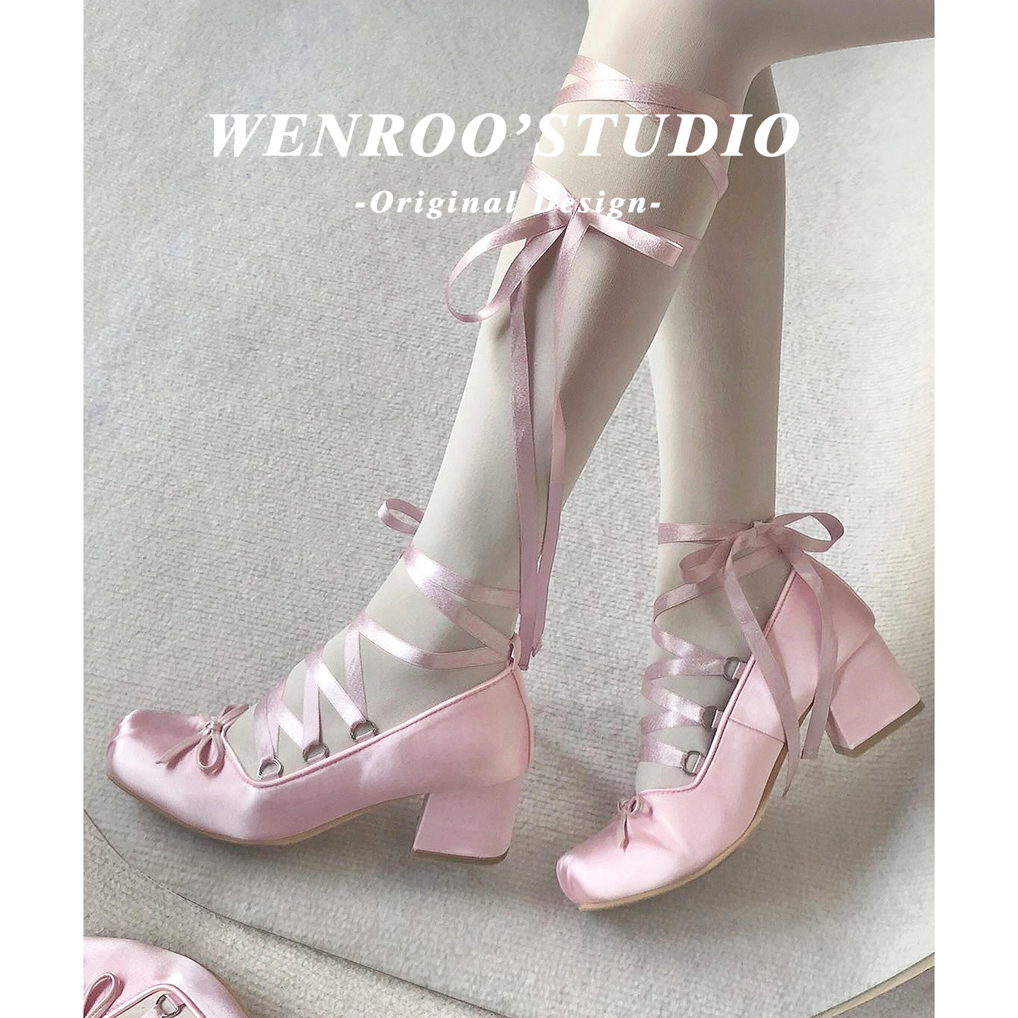 粉色缎面交叉绑带高跟鞋女粗跟2026春季新款优雅蝴蝶结lolita单鞋