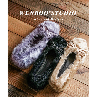 小众蝴蝶结羊卷毛毛平底芭蕾鞋女2025秋冬新款法式复古加绒单棉鞋