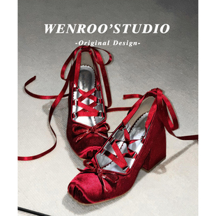 红色缎面蝴蝶结交叉绑带高跟鞋女粗跟2026春季新款优雅lolita单鞋