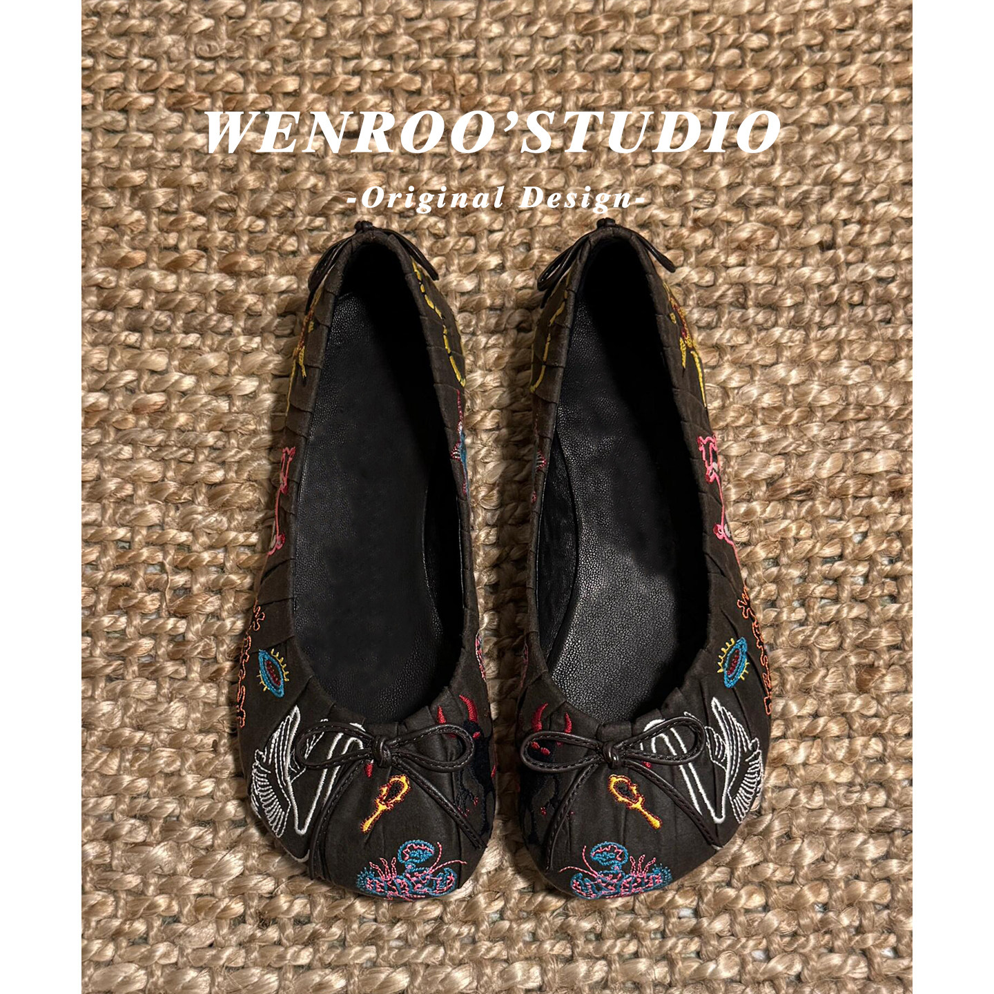 易梦玲同款|2026新款小众复古刺绣涂鸦棕色平底圆头芭蕾舞单鞋女,女鞋,浅口单鞋,淘宝优惠券,粉丝福利购,淘宝优惠卷