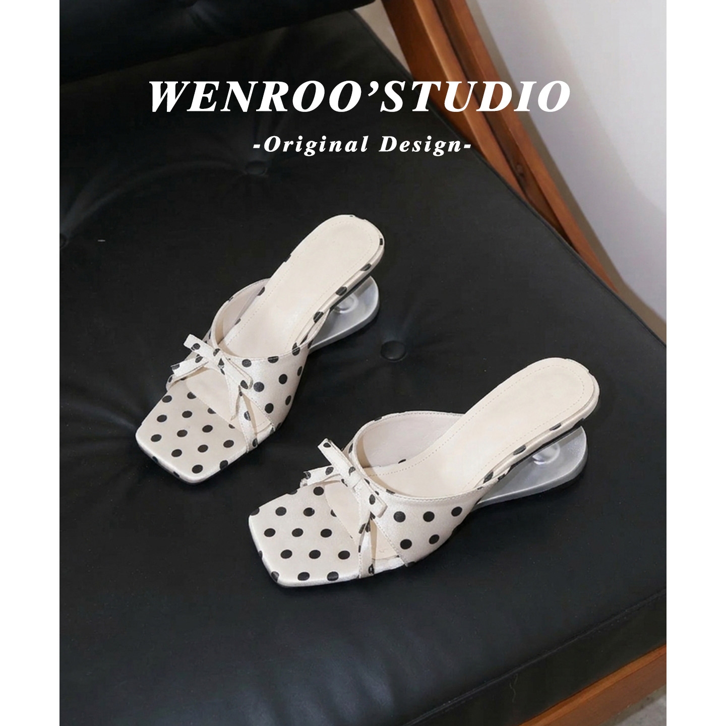 仙女风白色波点露趾蝴蝶结异型跟小凉拖夏季外穿法式方头高跟拖鞋