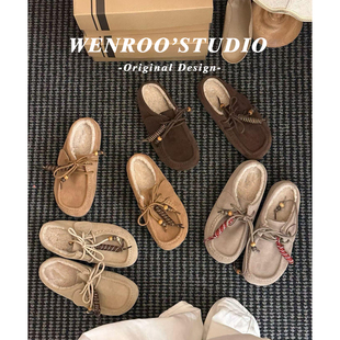 真皮版！加绒系带懒人毛毛鞋女外穿一脚蹬复古棕色全包勃肯棉单鞋