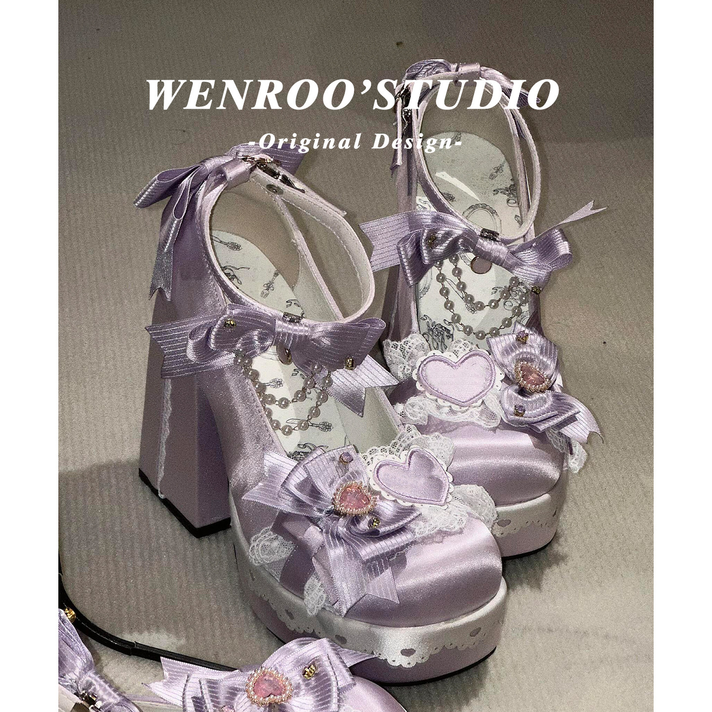 甜美蝴蝶结粗跟Lolita玛丽珍鞋女2026新款紫色圆头防水台高跟单鞋