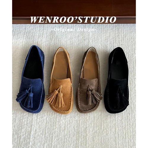 复古流苏平底休闲真皮豆豆鞋女款