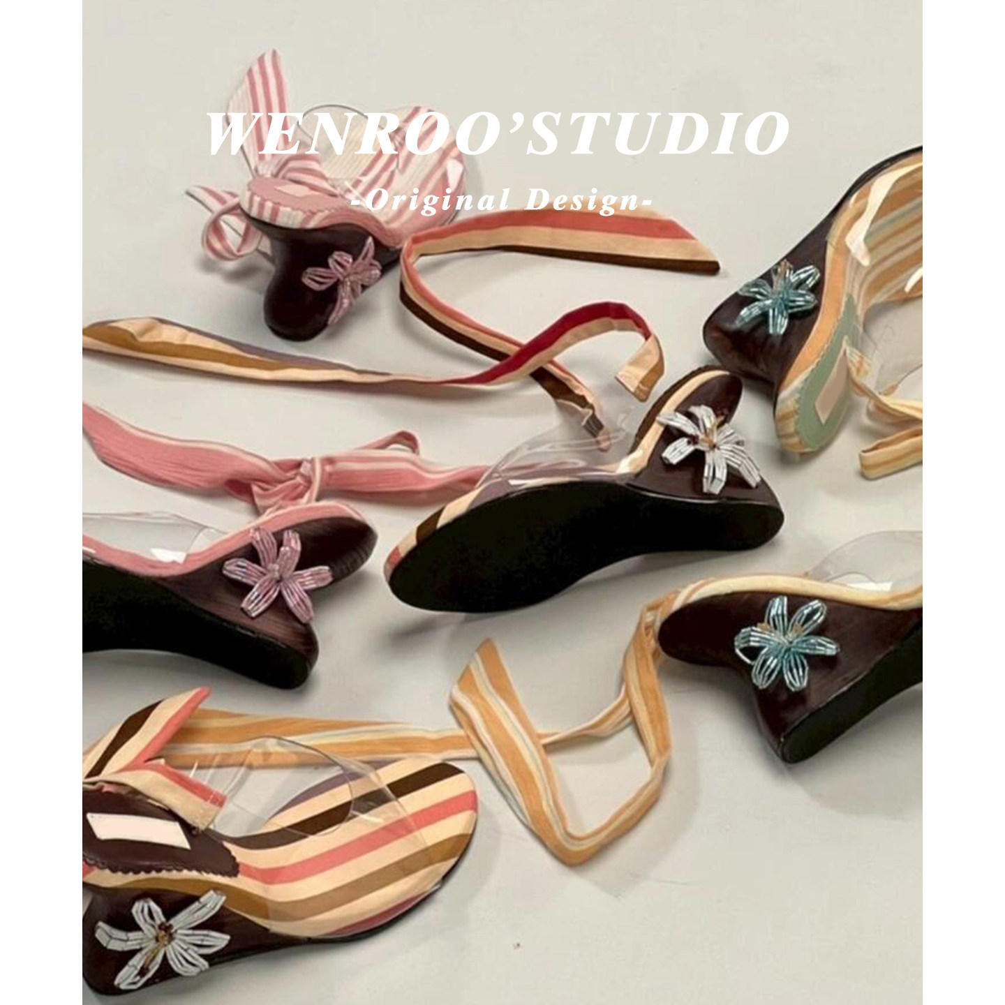 性感水钻花朵坡跟绑带凉鞋女外穿2026夏季新款条纹复古透明高跟鞋