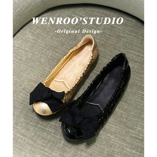 绝美金色漆皮蝴蝶结平底芭蕾舞鞋女2026春季新款法式浅口圆头单鞋