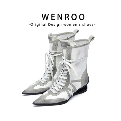 擦色尖头系带异型跟短筒拳击靴女2025秋冬新款复古高跟运动马丁靴