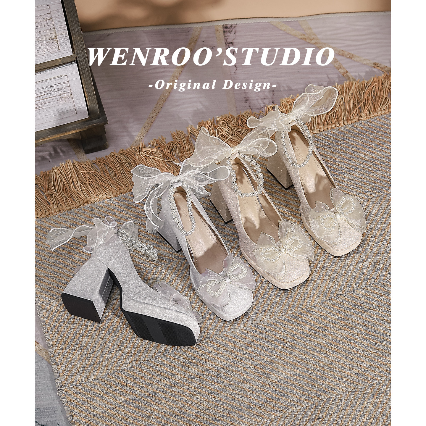 法式香槟色蕾丝蝴蝶结高跟鞋粗跟2026春新款仙女风配裙子礼服单鞋