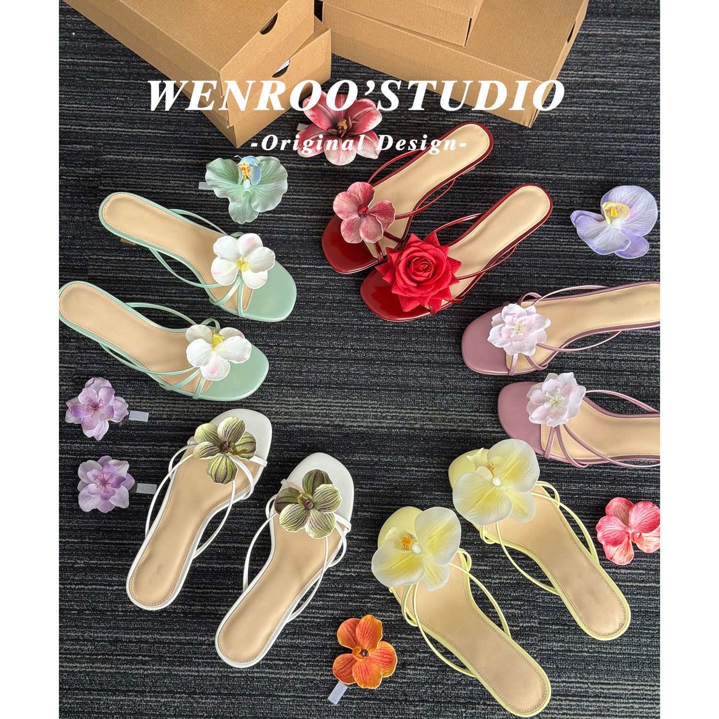 法式花朵交叉带海边度假风拖鞋女夏季外穿2026新款配裙子高跟凉鞋