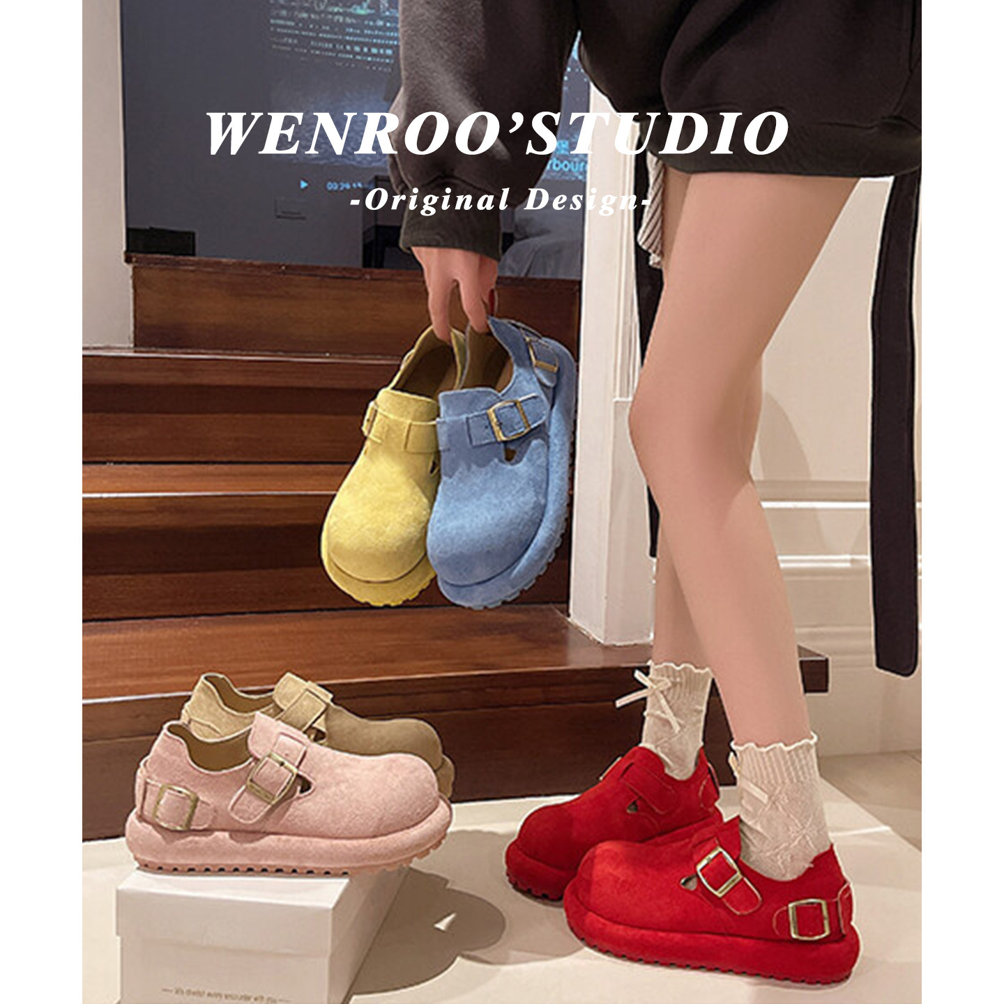 复古增高厚底扣带全包勃肯鞋女外穿2026春新款真皮懒人一脚蹬单鞋