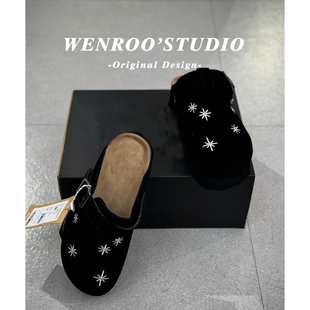 韩版星星刺绣厚底真皮勃肯鞋女外穿2026新款黑色增高复古包头拖鞋
