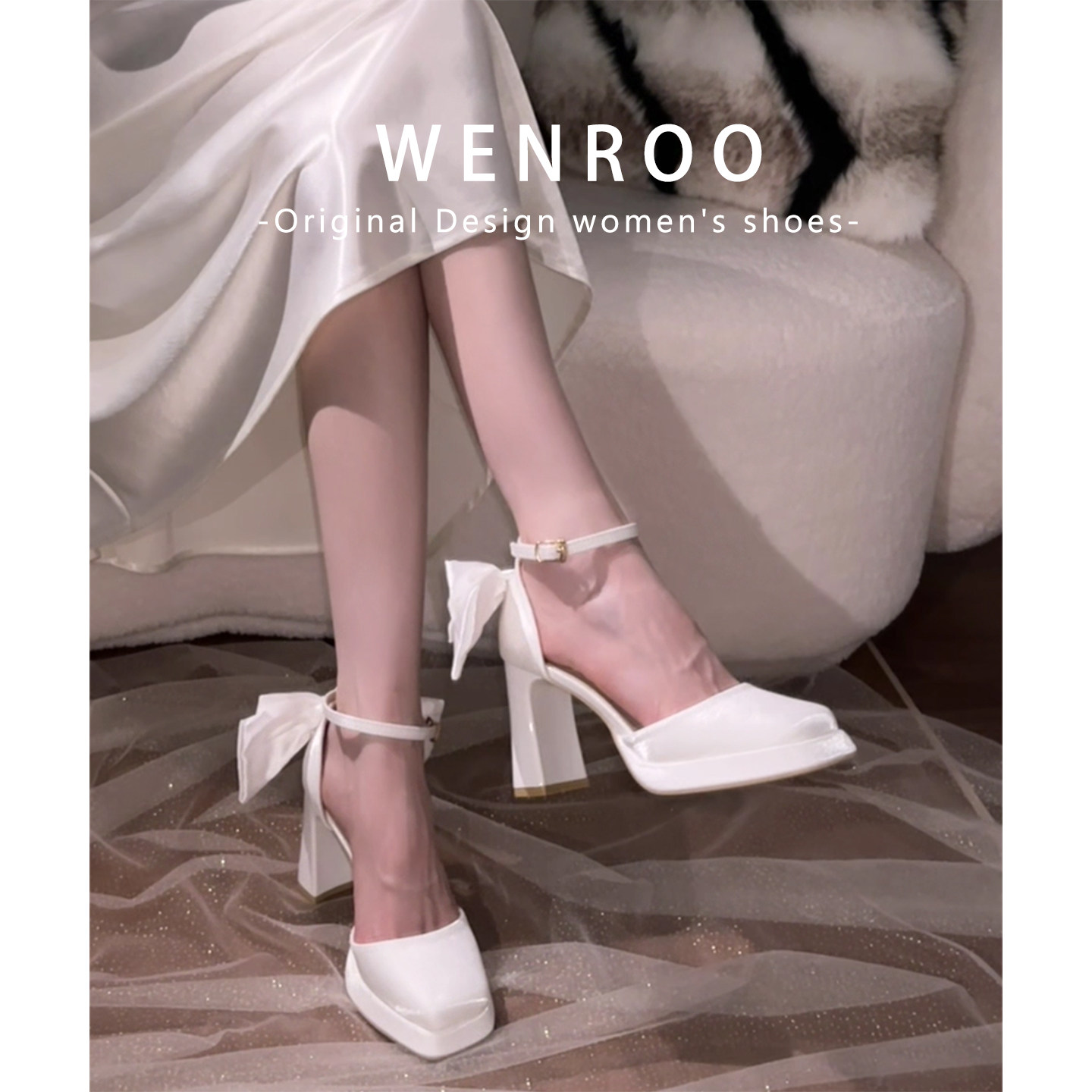 法式蝴蝶结防水台方头高跟鞋女春2026新款白色浅口粗跟配裙子单鞋