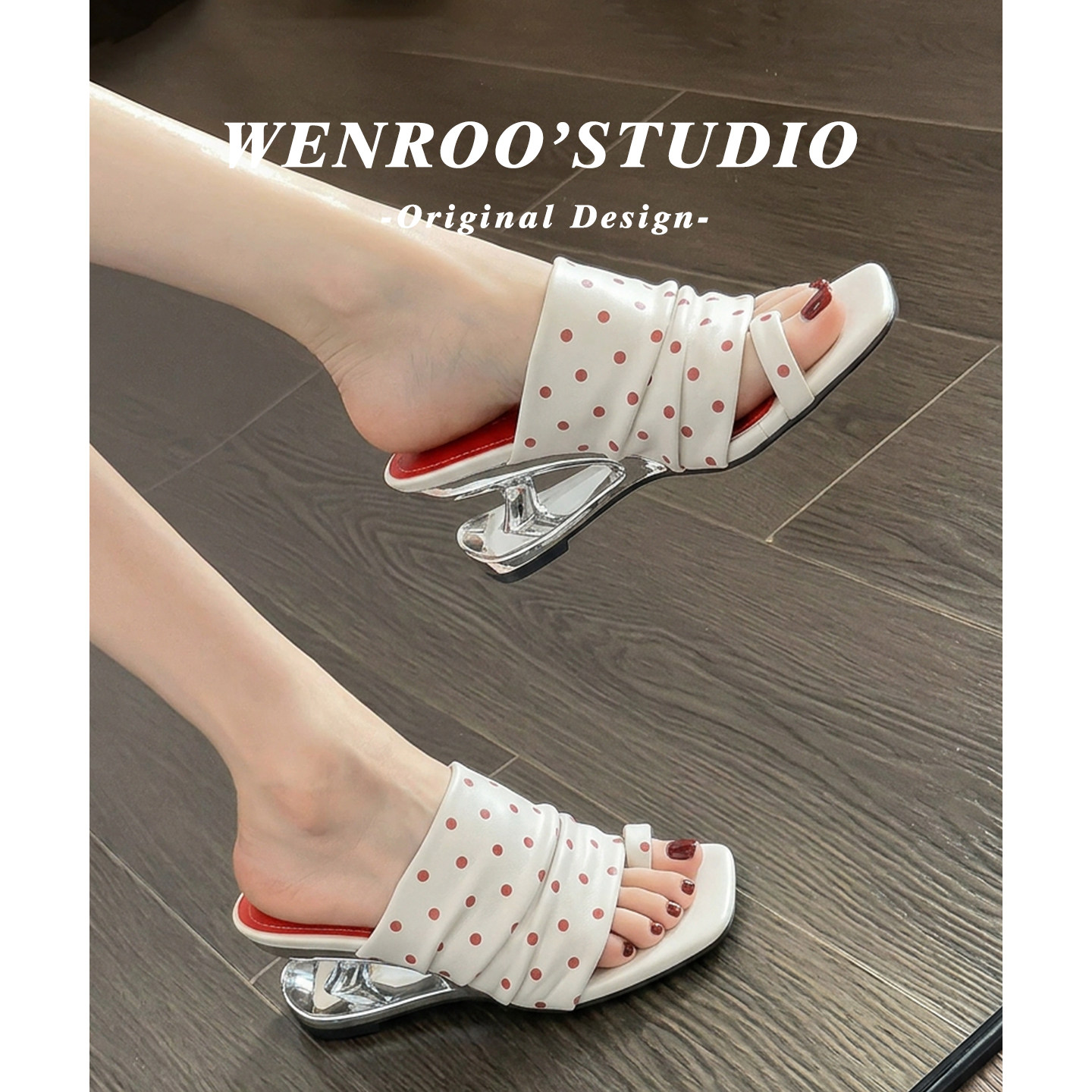 法式波点套趾凉拖鞋女外穿2026夏季新款绝美白色不累脚方头高跟鞋