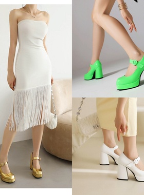 方头红色漆皮表演酒吧高跟鞋一字式搭扣防水台粗跟走秀百搭单鞋子