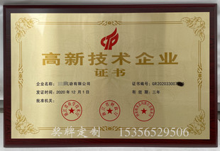 热卖 专业定制国家技术高新牌匾金属奖牌热转印工艺高企证书牌