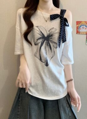 大码遮肚子美式印花短袖T恤打底衫女夏季胖妹妹宽松显瘦露肩上衣