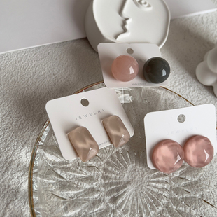独家设计 小众高级感925纯银耳环几何圆球树脂耳钉 温柔纯欲灰粉