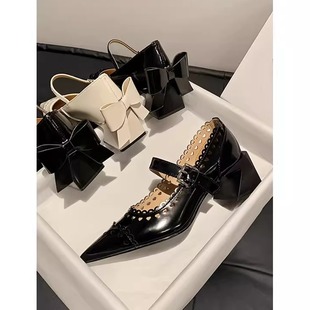 蝴蝶结中跟玛丽珍单鞋 真皮法式 复古尖头粗跟晚风温柔配裙子仙女鞋