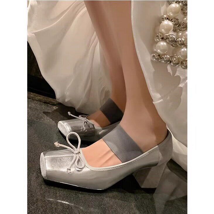 真皮法式银色蝴蝶结玛丽珍鞋