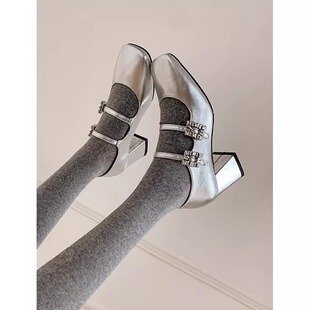 真皮法式晚风温柔配裙子玛吉珍高跟鞋粗跟小银鞋钻扣玛丽珍单鞋女