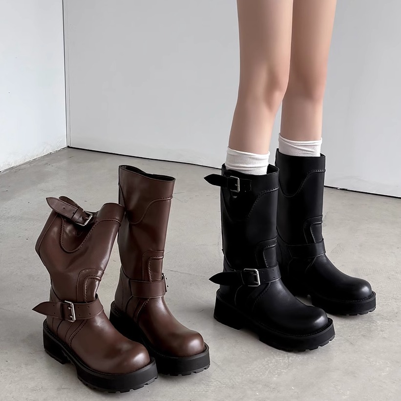 欧尼计划2025厚底皮带扣骑士靴女