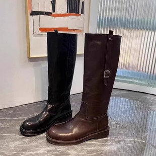 骑士马丁靴 真皮圆头粗跟皮带扣套筒长靴时尚 欧洲站女2025冬季 新款