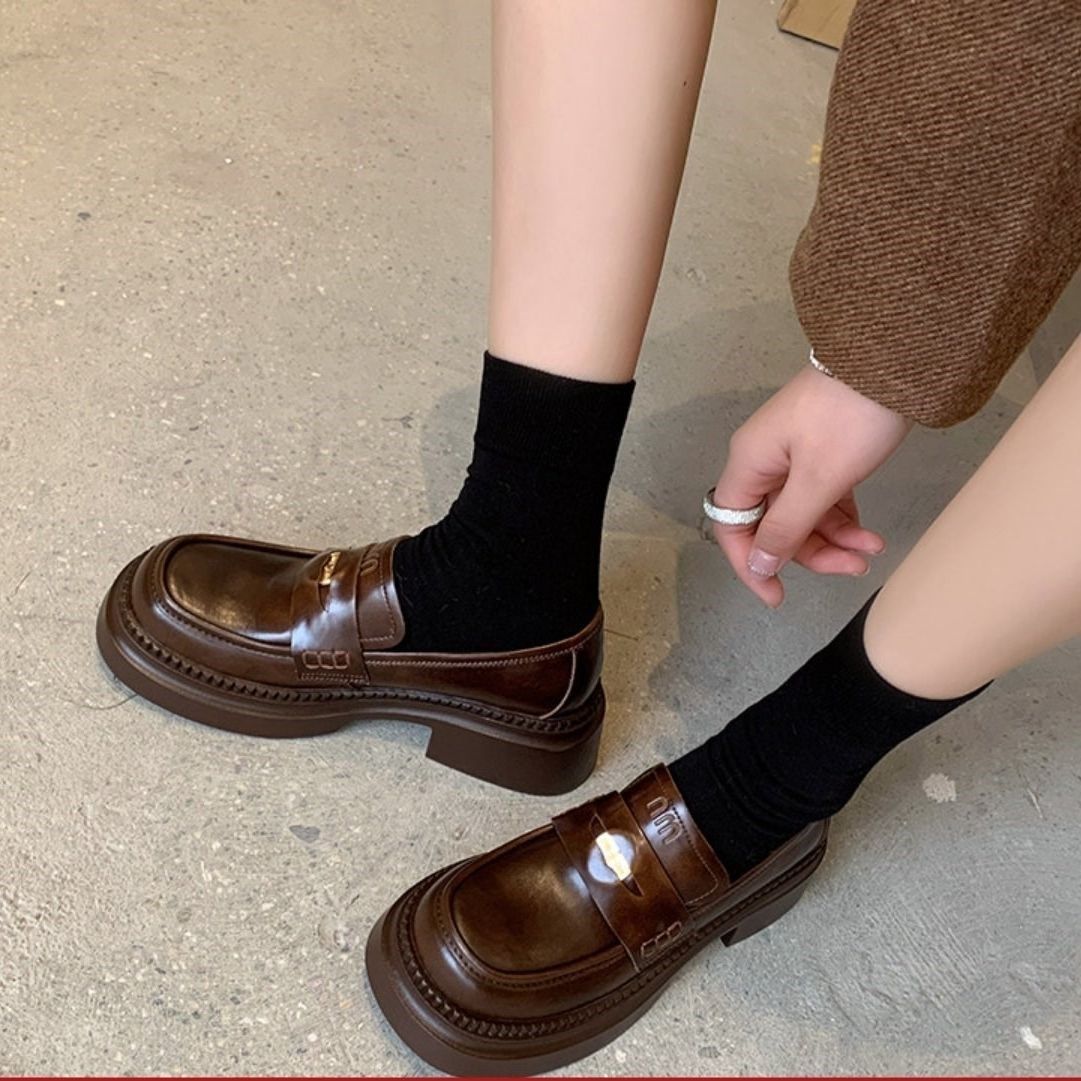 小皮鞋女2026春季新款厚底一脚蹬真皮百搭中跟单鞋英伦风乐福鞋,女鞋,乐福鞋（豆豆鞋）,淘宝优惠券,粉丝福利购,淘宝优惠卷