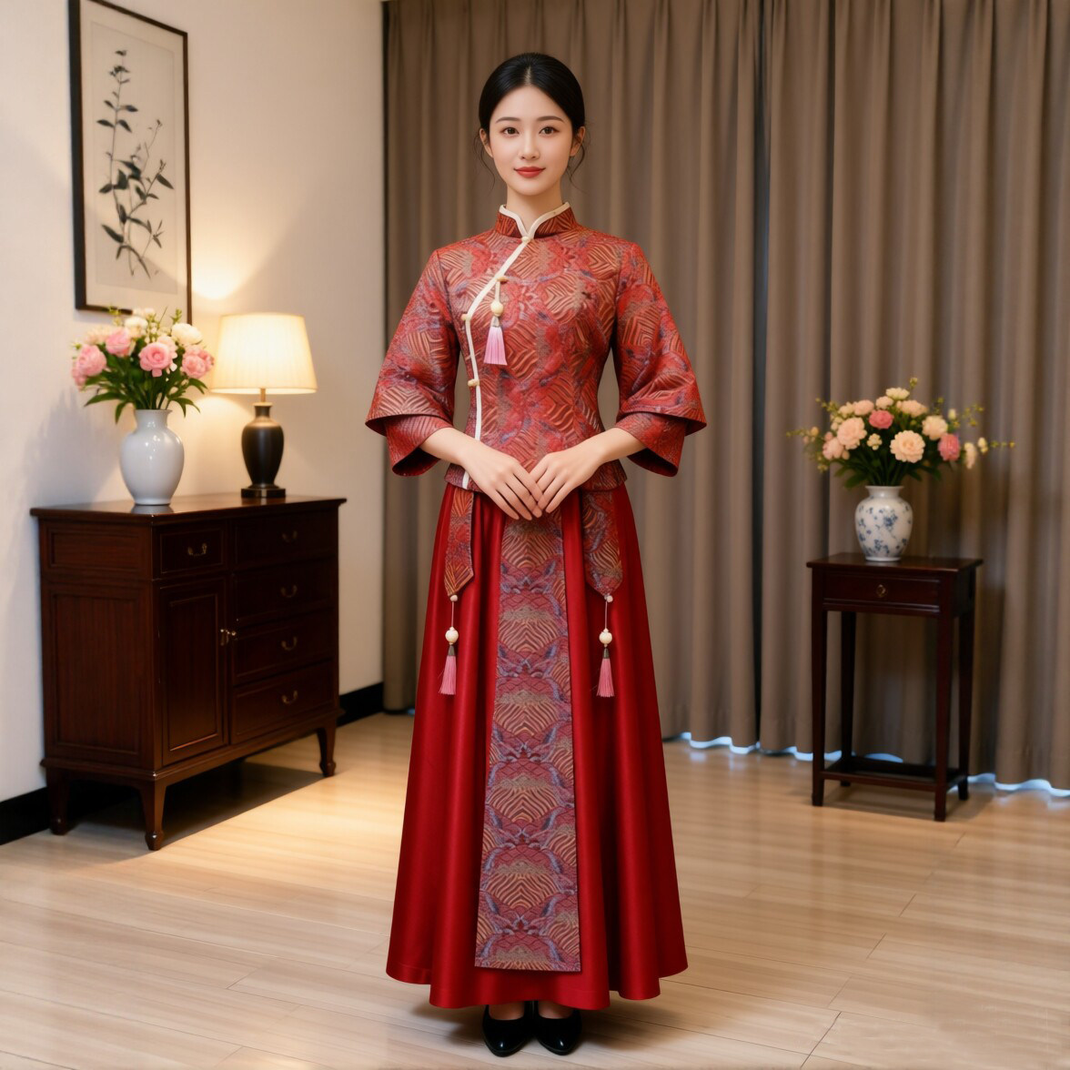 新中式新款民国舞台话剧短剧古装姐妹裙立领中国风民族乐器演出服