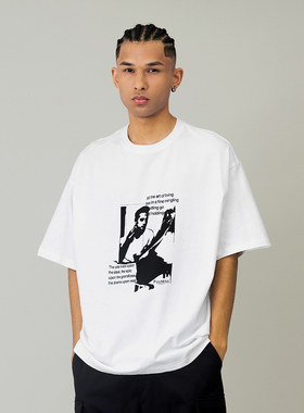 美式国潮人像字母印花圆领短袖T恤男夏季情侣宽松休闲上衣