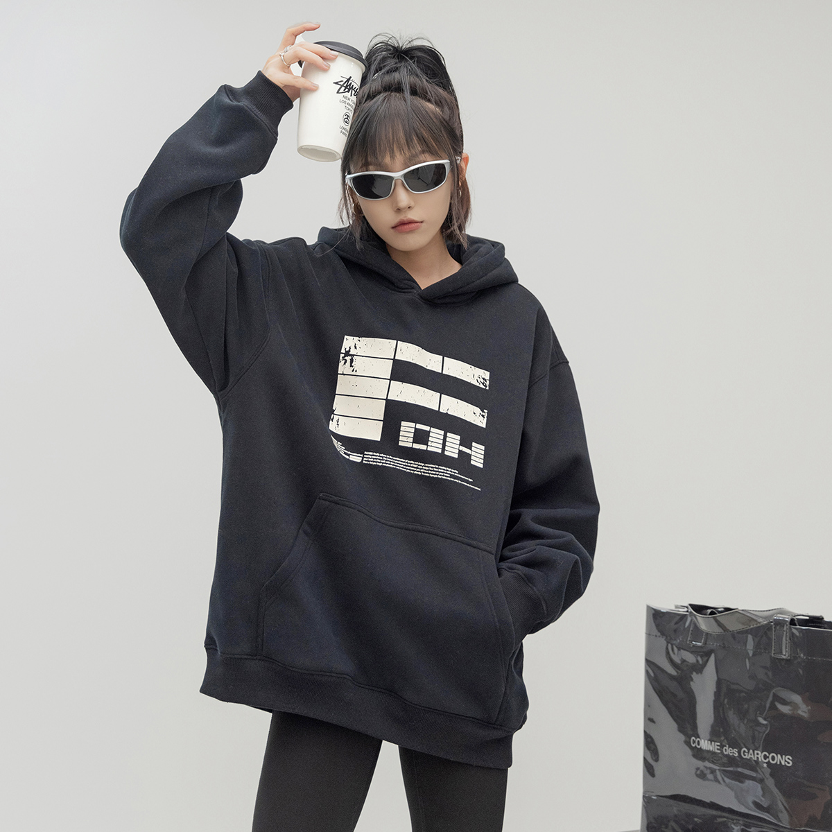 380g磨损字母重磅加绒连帽卫衣