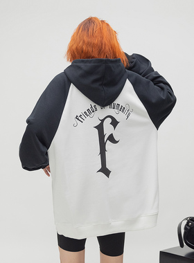 ONE PASS 潮牌圆弧字母印花连帽卫衣女春季新款宽松情侣休闲上衣