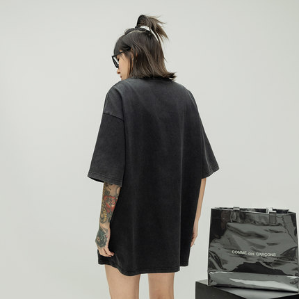 水洗做旧纯色圆领短袖T恤女2025夏季新款宽松情侣半袖上衣