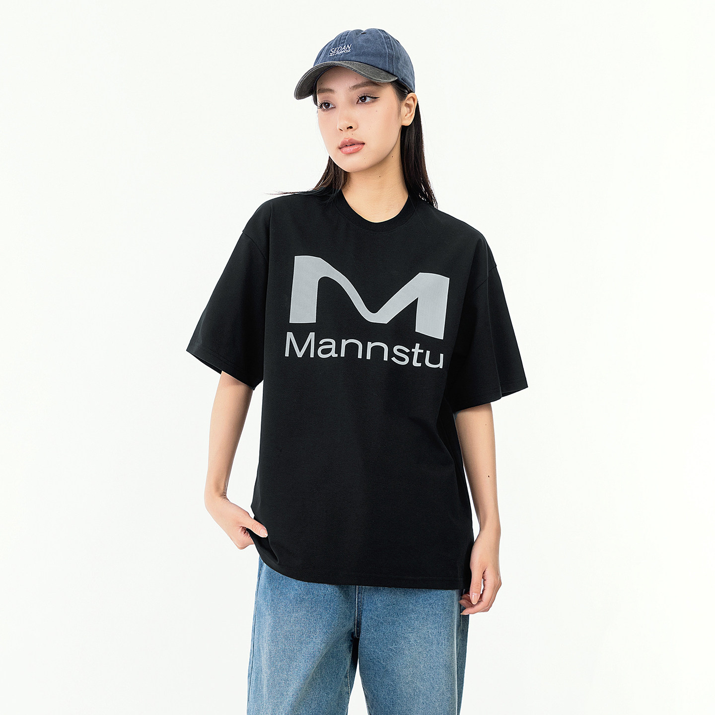 夏季新款美式百搭圆领纯色印花落肩袖宽松简约休闲T恤图片
