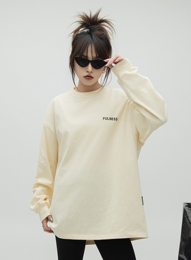 ONE PASS 美式国潮字母印花长袖T恤女街头潮流情侣宽松打底衫上衣