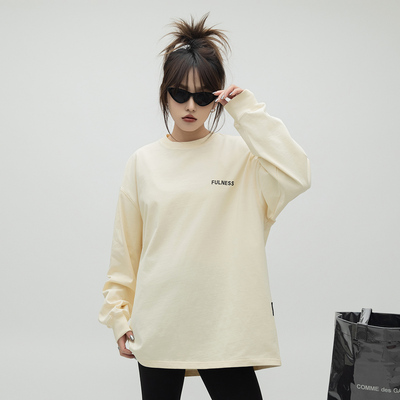 ONE PASS 美式国潮字母印花长袖T恤女街头潮流情侣宽松打底衫上衣