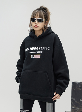 ONE PASS 450g重磅渐变字母连帽加绒卫衣女春季新款宽松休闲帽衫