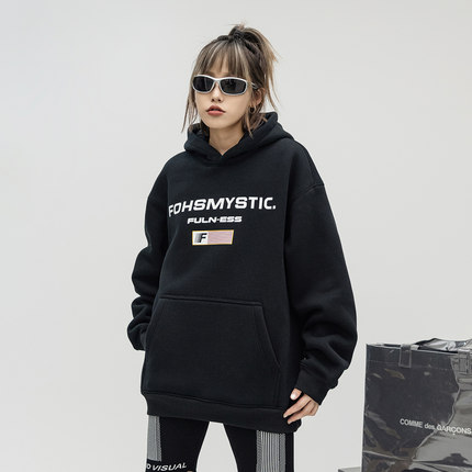 ONE PASS 450g重磅渐变字母连帽加绒卫衣女春季新款宽松休闲帽衫