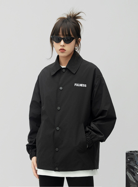 ONE PASS 街头潮牌字母印花翻领教练夹克女春季新款宽松情侣外套