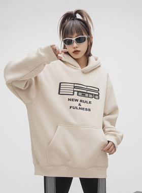 ONE PASS 380g重磅字母印花连帽加绒卫衣女春季新款宽松休闲帽衫