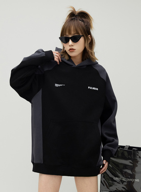 ONE PASS 380g重磅拼接加绒连帽卫衣女春季新款情侣宽松撞色上衣