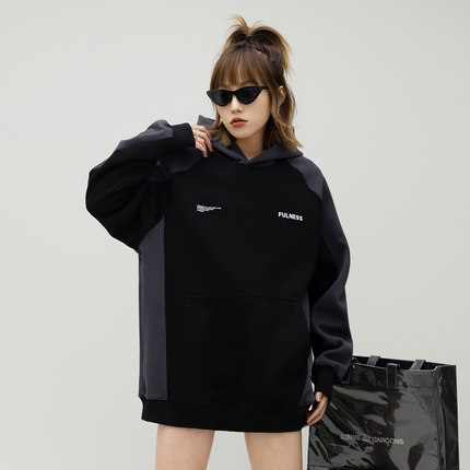 ONE PASS 380g重磅拼接加绒连帽卫衣女春季新款情侣宽松撞色上衣