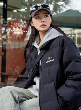 ONE PASS 字母印花立领棉服女2023冬季新款潮牌宽松情侣加厚外套