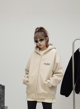 ONE PASS 380g重磅幻彩字母连帽开衫加绒卫衣女春季新款宽松外套