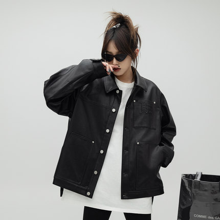 ONE PASS 美式钢印字母机车皮衣外套女春季宽松PU皮休闲工装夹克